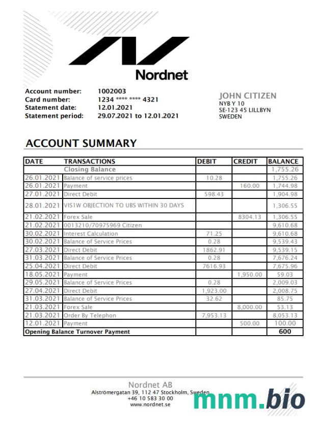 Szwecja Nordnet AB wyciąg bankowy łatwy do wypełnienia szablon .doc i .format pdf, w pełni edytowalny